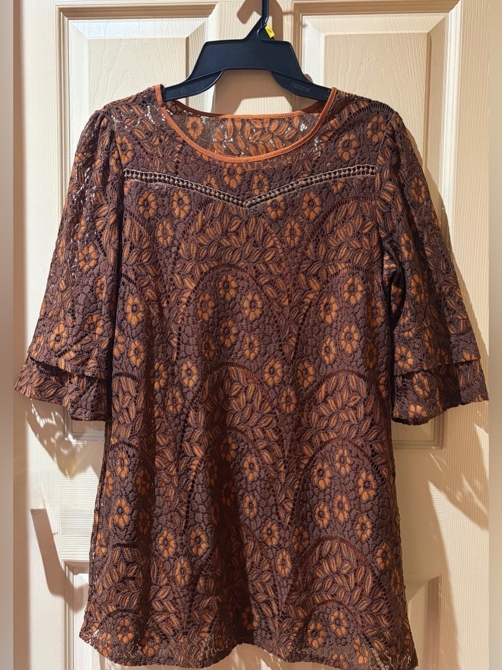 Brown & Orange Lace Overlay Tunic, Size M